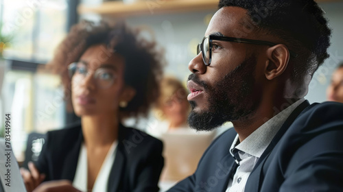 Business man and women listening to a discussion during a meeting