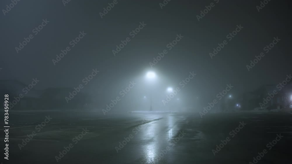 Wide shot of Heavy fog in a empty parking lot out the street white street lights at night time Wide shot of Heavy fog in a empty parking lot out the street white street lights at night time