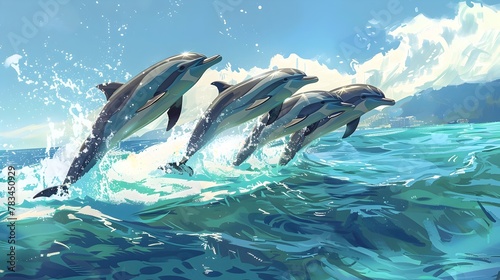 Playful Pod of Dolphins Leaping in Crystal-Clear Ocean Water