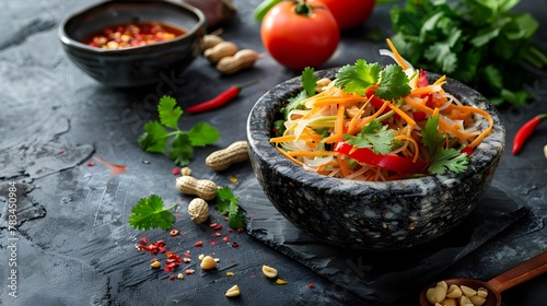 Refreshing Thai Papaya Salad Som Tum with Fresh Ingredients on Textured Background