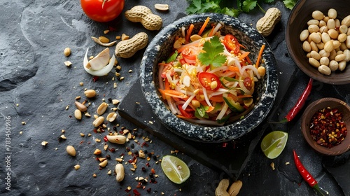 Refreshing Thai Papaya Salad with Fresh Vegetables and Tangy Sauce on Textured Dark Background