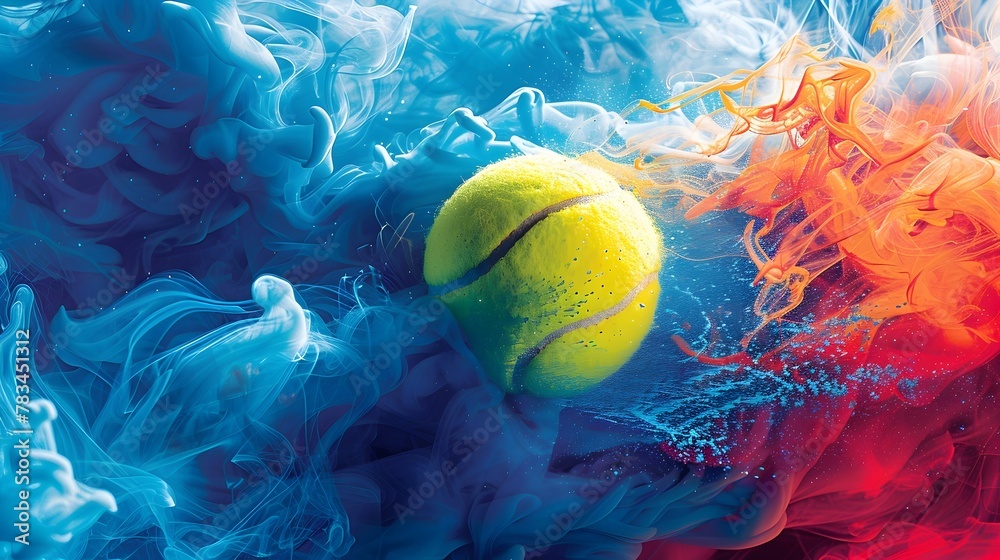 Vibrant Graphic Tennis Ball Surrounded by Colorful Abstract Smoke Cloud