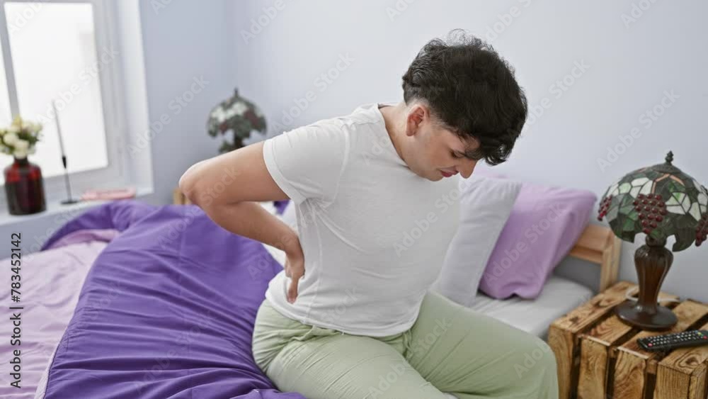 A young man experiencing back pain while sitting on his bed in a well-lit bedroom A young man experiencing back pain while sitting on his bed in a well-lit bedroom