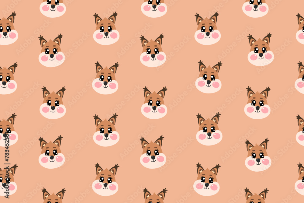 Seamless pattern with kawaii sweet, lovely, smiling, cute squirrel face or head for nursery, print or textile for kids on beige, brown background Seamless pattern with kawaii sweet, lovely, smiling, cute squirrel face or head for nursery, print or textile for kids on beige, brown background