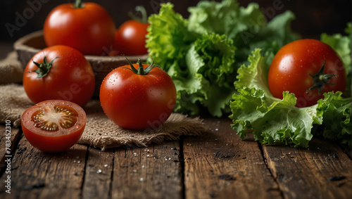 Tomatoes with lettuce on a wooden table