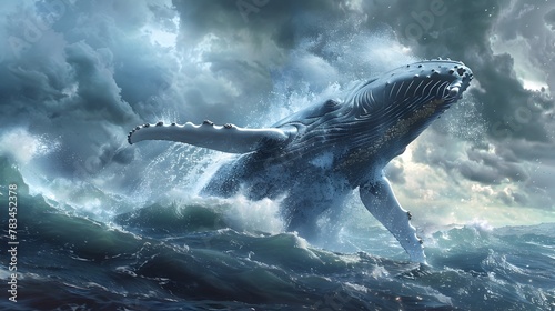 Majestic Humpback Whale Powerfully Breaching Ocean Surface photo