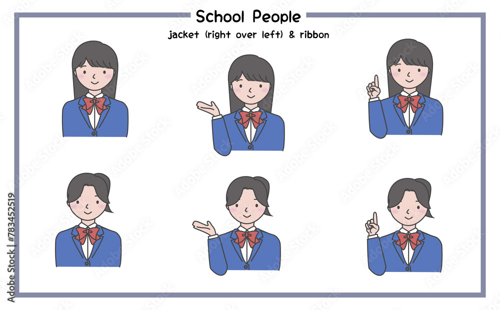 リボンありで右前合わせのジャケットを着た笑顔の人物の上半身 学校用イラストセット 3-5 リボンありで右前合わせのジャケットを着た笑顔の人物の上半身 学校用イラストセット 3-5