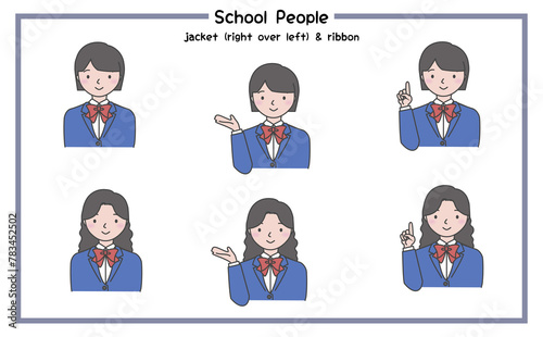 リボンありで右前合わせのジャケットを着た笑顔の人物の上半身 学校用イラストセット 3-4