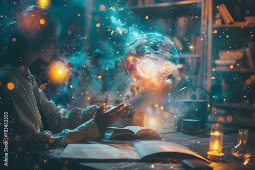 A woman is sitting at a desk with a book in front of her. She is holding a crystal ball and she is in a mystical or magical setting. The room is filled with glowing lights