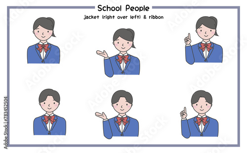 リボンありで右前合わせのジャケットを着た笑顔の人物の上半身 学校用イラストセット 3-3