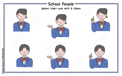 リボンありで右前合わせのジャケットを着た笑顔の人物の上半身 学校用イラストセット 3-3