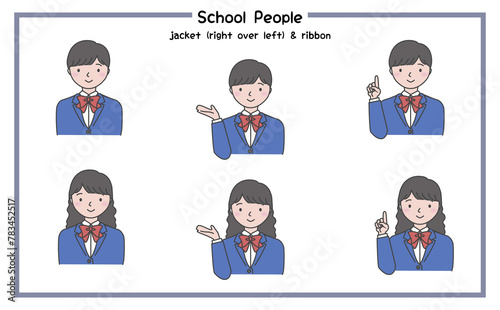 リボンありで右前合わせのジャケットを着た笑顔の人物の上半身 学校用イラストセット 3-2