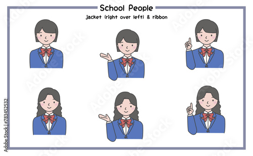 リボンありで右前合わせのジャケットを着た笑顔の人物の上半身 学校用イラストセット 3-4