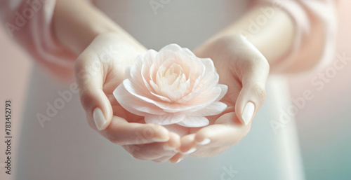 淡く優しい女性の手の中に一輪の花 photo