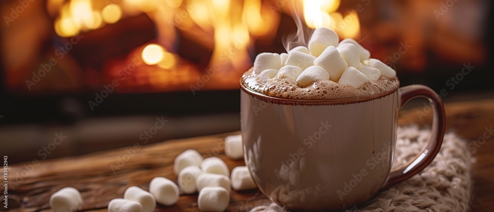 Hot chocolate, marshmallows floating, close shot, cozy fire background, warm winter vibe