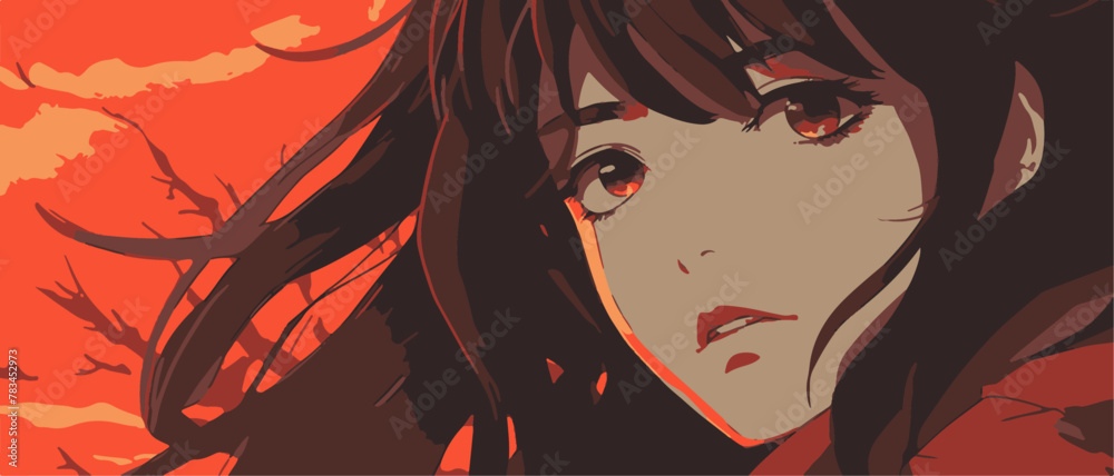 woman with brown hair and red background, woman vector flat anime illustration woman with brown hair and red background, woman vector flat anime illustration