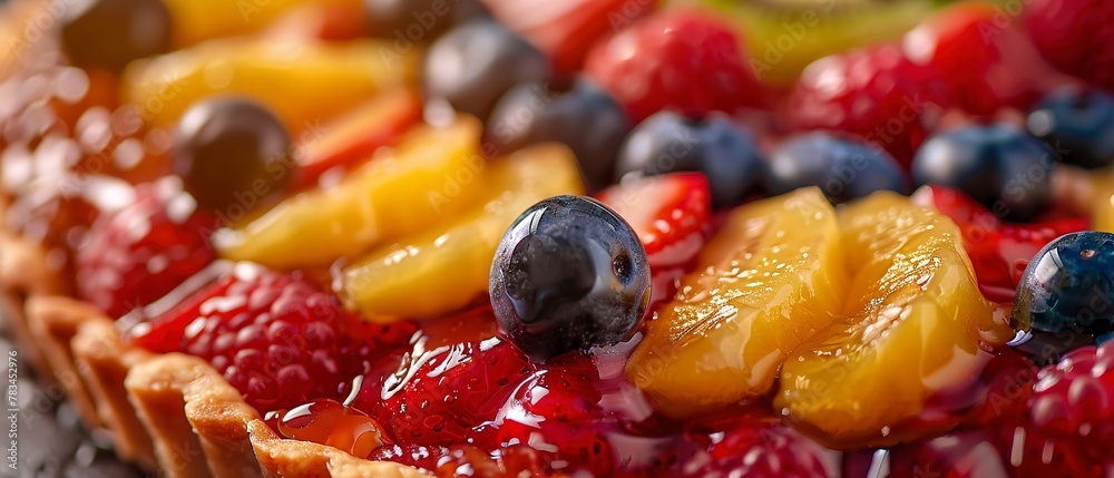 Fruit tart, glossy glaze, close view, bright daylight, detailed fruit arrangement Fruit tart, glossy glaze, close view, bright daylight, detailed fruit arrangement