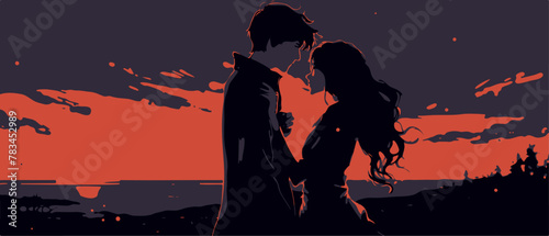 couple on the city, silhoutte, man and woman, dance, hug, romantic couple, love illustration vector in sunset