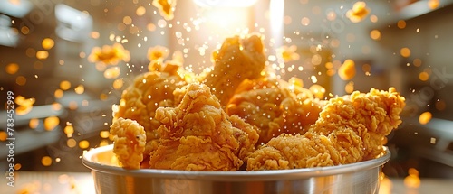 Fried chicken bucket, close view, crunchy exterior, kitchen light, detailed crumb photo