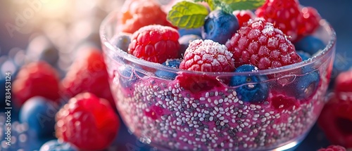 Chia pudding, berry topping, close-up, soft focus, layered textures, morning glow photo