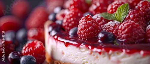 Cheesecake, berry compote, close view, graham cracker crust, soft focus, detailed berry sheen photo