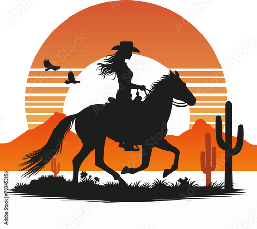 Silhouette illustration of a horsewoman riding at sunset.