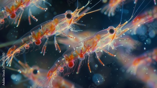 An image of krill a crucial food source for many ocean creatures viewed under a microscope to show their small segmented bodies and