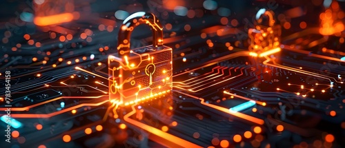 Cybersecurity Lockdown: Orange Padlocks Illuminate Digital Realm. Concept Cybersecurity, Orange Padlocks, Digital Realm, Lockdown, Illumination