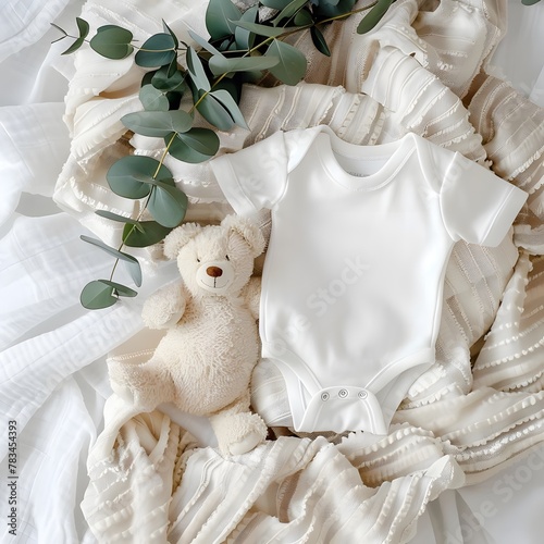 White cotton baby bodysuit with toy teddy bear and eucalyptus branch on a white ivory blanket throw, set as a blank infant onesie mockup template in a top view.