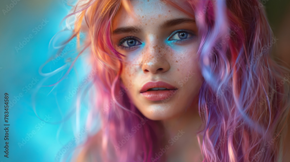 A young trendy female model with multi-colored hair. Closeup portrait.