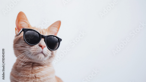 Cute ginger cat wearing sunglasses on white background with copy space.
