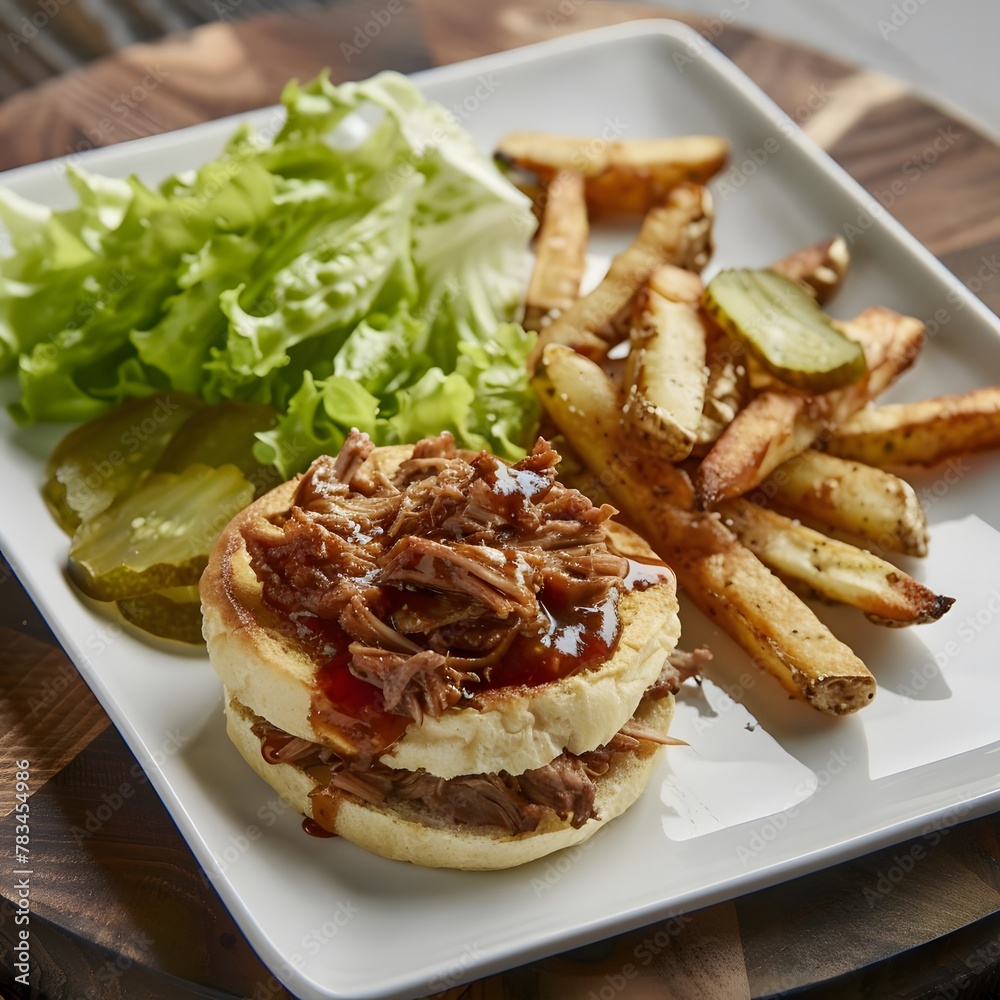 A delightful lunch presentation of an English muffin topped with pulled pork, complemented by pickle chips, fresh lettuce, and crispy fries. A delightful lunch presentation of an English muffin topped with pulled pork, complemented by pickle chips, fresh lettuce, and crispy fries.