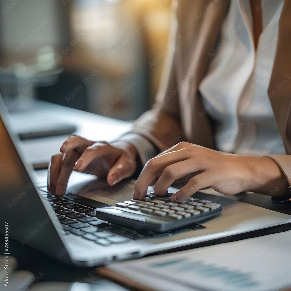 A close-up view of a businesswoman working on financial reports using a calculator and laptop, managing budgets and investments. - obrazy, fototapety, plakaty 