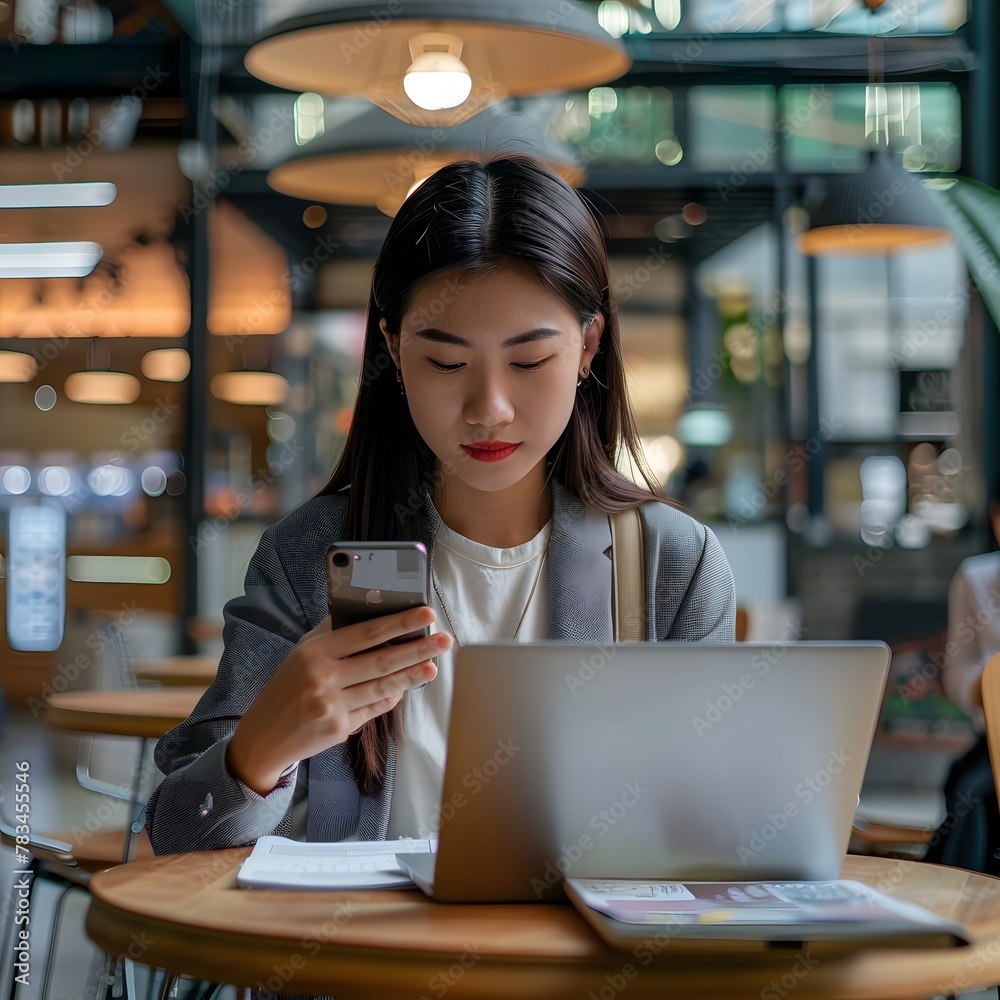 Fototapeta premium Young Asian businesswoman working remotely at a coffee shop, using a laptop and mobile phone for her tasks.