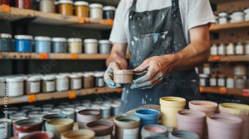 A skilled artisan carefully mixes together different shades of paint on their palette creating a harmonious blend of colors. In the background shelves are lined with jars of various .