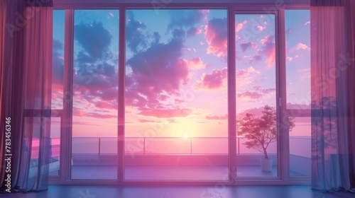sunset view behind the bedroom window with vaporwave tone color  suitable for wallpaper  posters. Generative AI