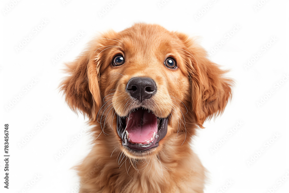Close-up of an overjoyed golden retriever puppy with a beaming smile and bright eyes, isolated on white. Close-up of an overjoyed golden retriever puppy with a beaming smile and bright eyes, isolated on white.