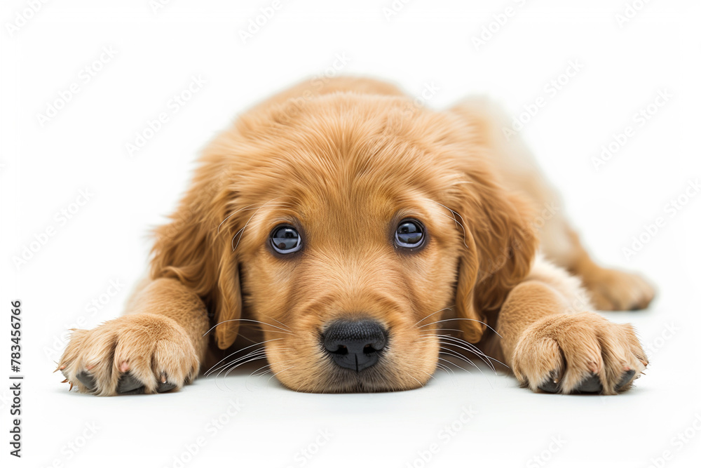 A golden retriever puppy lying down and looking directly at the camera, against a white background.