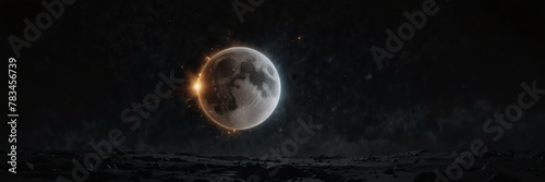 exploding moon on black empty space universe void panoramic wide angle view from Generative AI