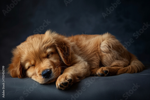 With serene tranquility, the golden retriever puppy enjoys a peaceful nap, representing a moment of pure comfort and innocence.