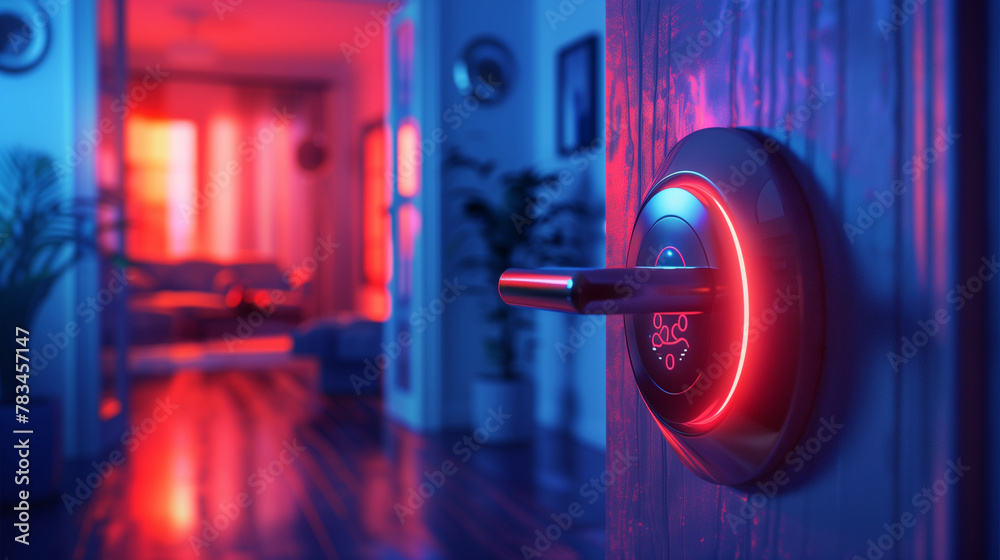Close-up of a futuristic door handle with glowing red biometric access control, symbolizing advanced security technology. Biometric smart home lock.