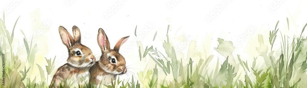 A pair of watercolor painted rabbits hopping through a field of green grass