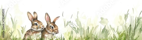 A pair of watercolor painted rabbits hopping through a field of green grass © AI Farm