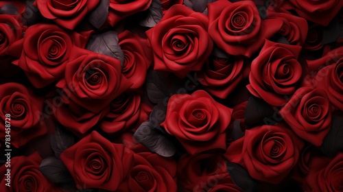Red roses with water drops on black background