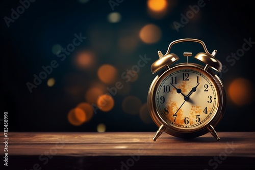 Retro alarm clock on wooden table with bokeh background