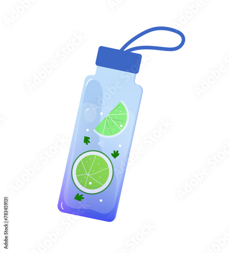  Reusable sport bottle with lemon and herbs. Water balance. Concept detox drink, drinking water in a  glass bottle. Reusable sport bottle with lemon and herbs. Vector hand drawn cartoon  illustration.