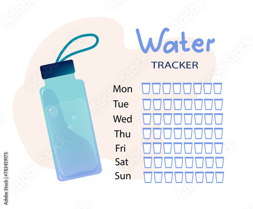 Daily water tracker. Reusable sport bottle with lemon and herbs. organizer Water balance. Concept detox drink, drinking water in a  glass bottle. Vector hand drawn cartoon  illustration