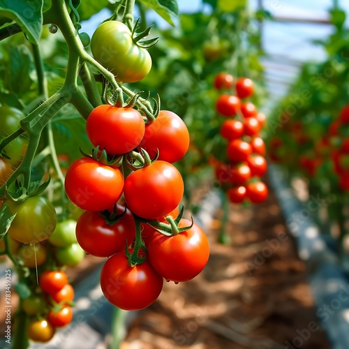 Ripe red tomatoes on a branch in the garden