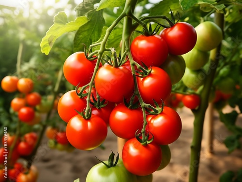 Ripe red tomatoes on a branch in the garden