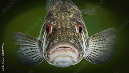 Close-Up of a Largemouth Bass in Natural Habitat, Copy-Space, Red Eyes